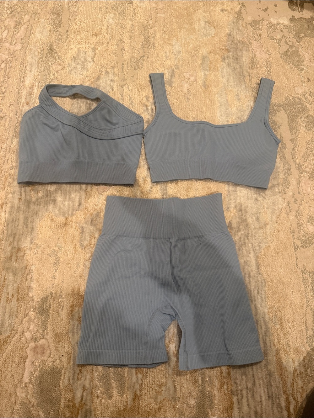 Ribbed Light Blue Activewear Set - Sports Bras + High-Waist Biker Shorts